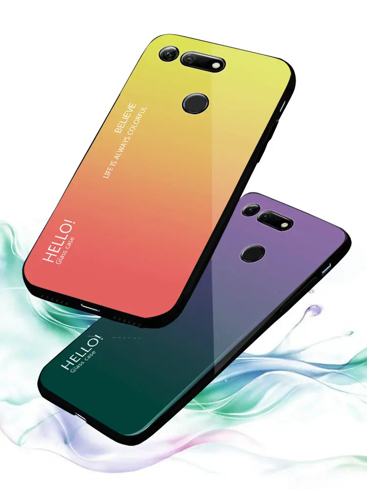 For Huawei Honor 7X 8A 9 9Lite V20 View 20 Case Fashion Gradient Tempered Glass Back Shell Soft Edge Shockproof Phone Cover |