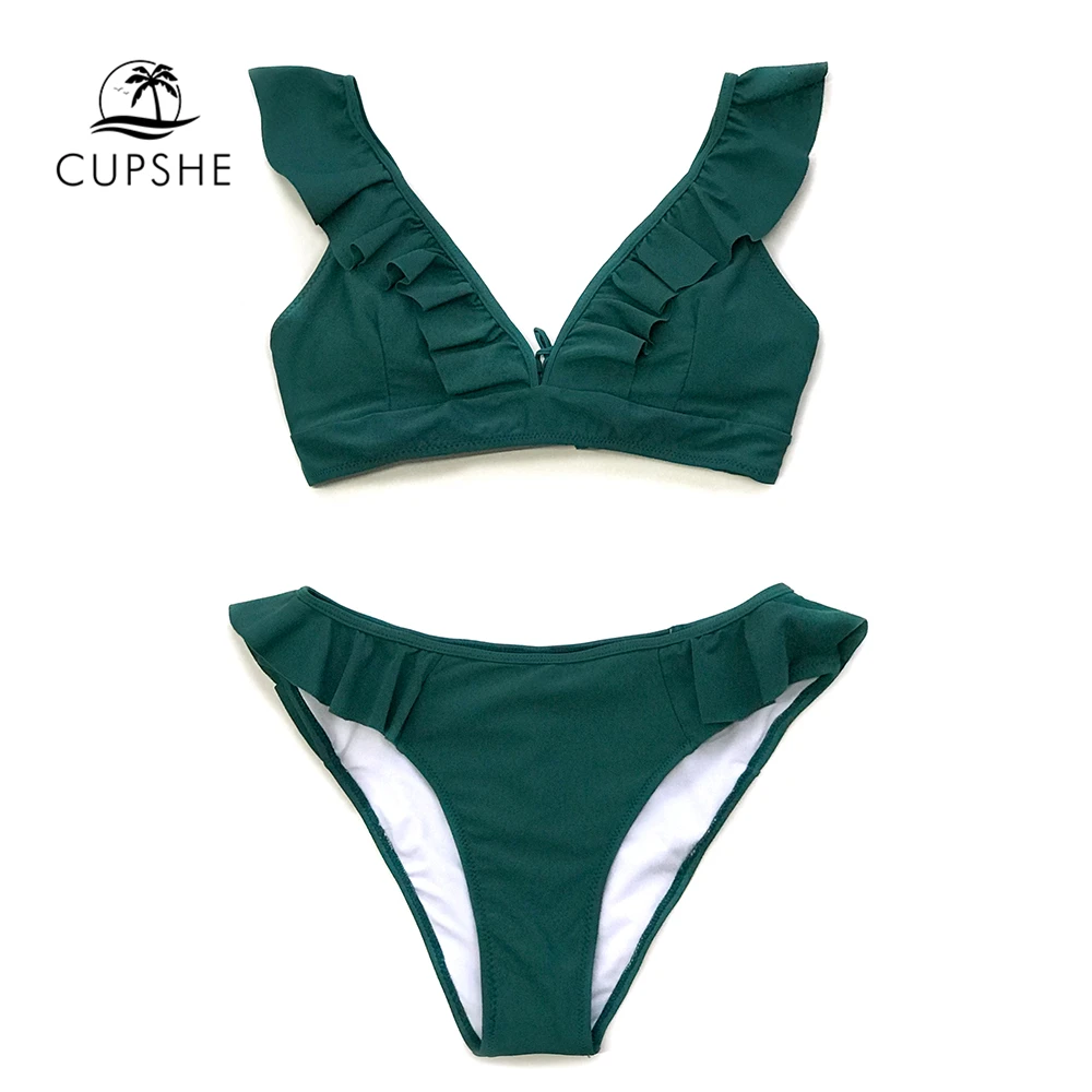 Женский купальник бикини CUPSHE однотонный зеленый на шнурках из двух предметов