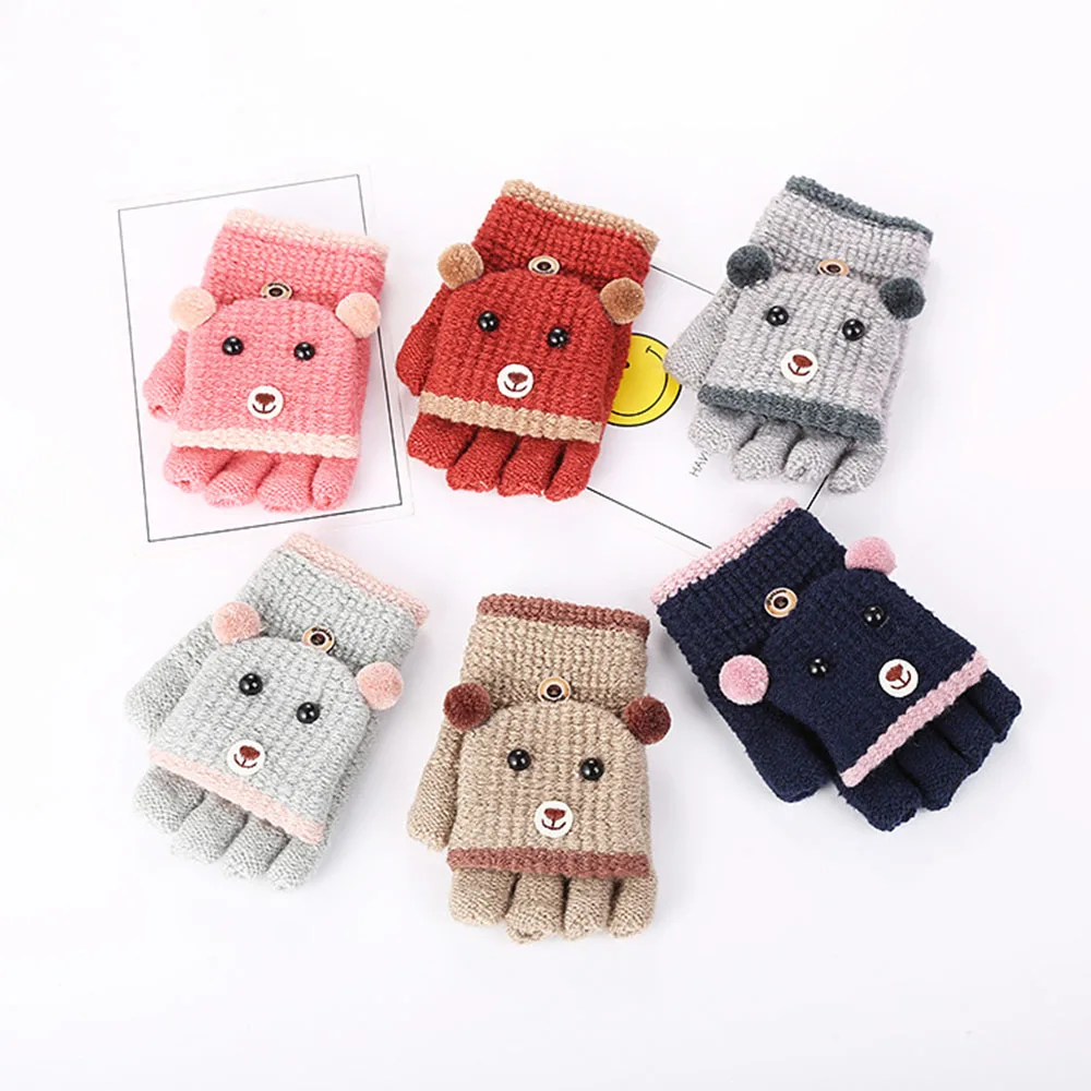 Красивый медвежонок из мультфильма для детей 4-10 лет, Детские рукавички, зимние вязаные шерстяные варежки для новорожденных, плотные детские теплые варежки