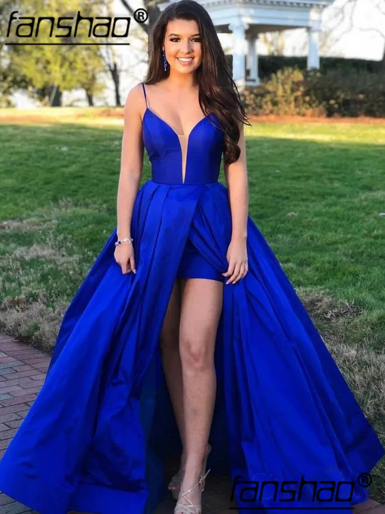 

Royal Blue Evening Dresses Satin Spaghetti Straps High Slit vestidos de festa Dubai Saudi Arabic Evening Gown Prom Dress