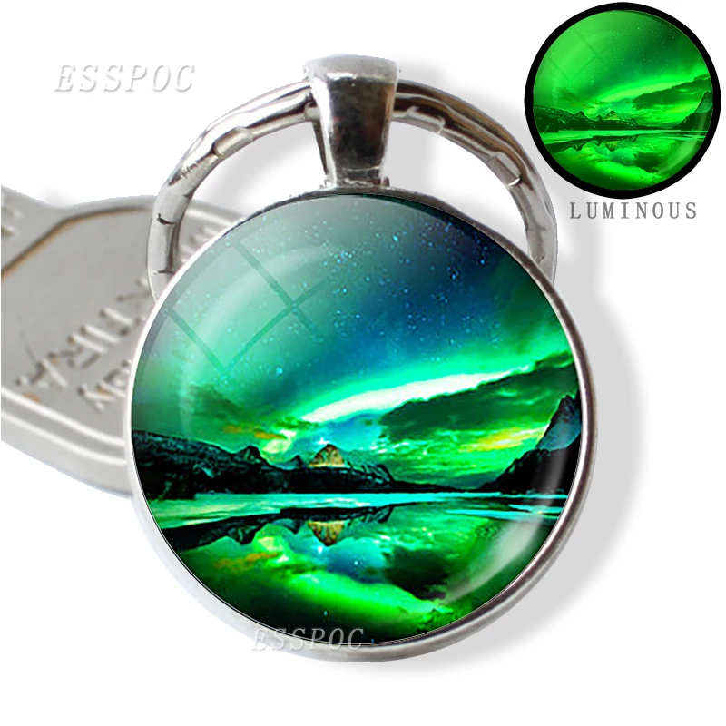 Northern Lights Aurora Photo Round Keychain Luminous Glass Cabochon Jewelry Handmade Supply for Pendant Fashion Key Chain Gift | Украшения
