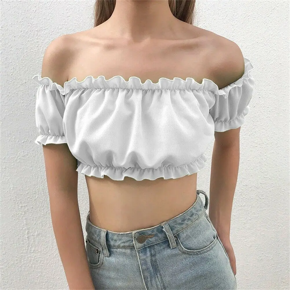 

2019 New Summer Sexy Women's Strapless Ruffle Off Shoulder Crop Top Blouses Ladies Fashion Short Sleeve Short Blouse Tops