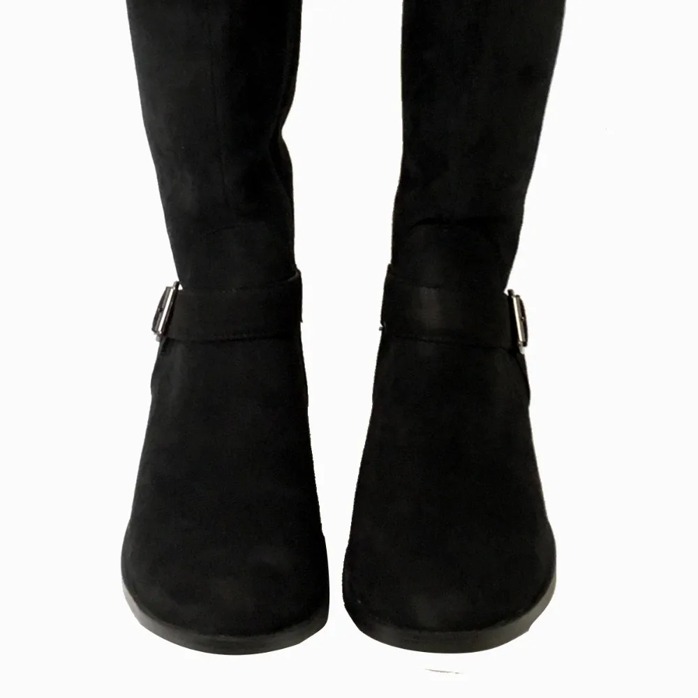 

Aiyoway Women Knee High Boots Flat Ankle Buckle Black Faux Suede Winter Autumn Ladies Round Toe Casual Shoes US Size 5~12