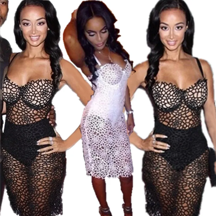 New Fashion Women Sexy Lace Dress Summer Strap Hollow Out Knee Length Novelty Evening Party Club | Женская одежда