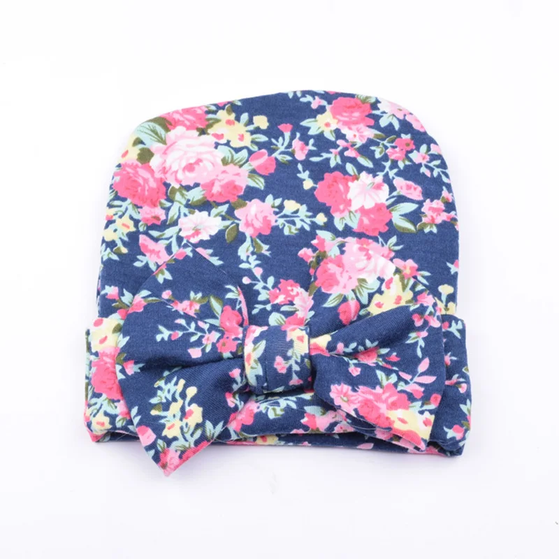 Style 2 deep blue Популярная модная детская шапочка с цветочным рисунком в стиле ретро; детская шапочка с цветочным бантом для девочек; реквизит для фотосессии новорожденных; Чепчик для новорожденных - Цвет: Style 2 deep blue