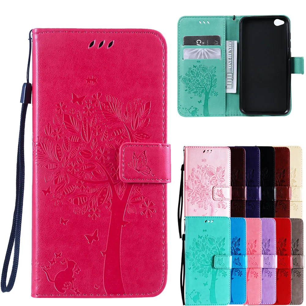 Coque для Xiaomi Redmi 4X6 7 Go чехлы с тиснением в виде кошки и дерева Флип кошелек подвеской