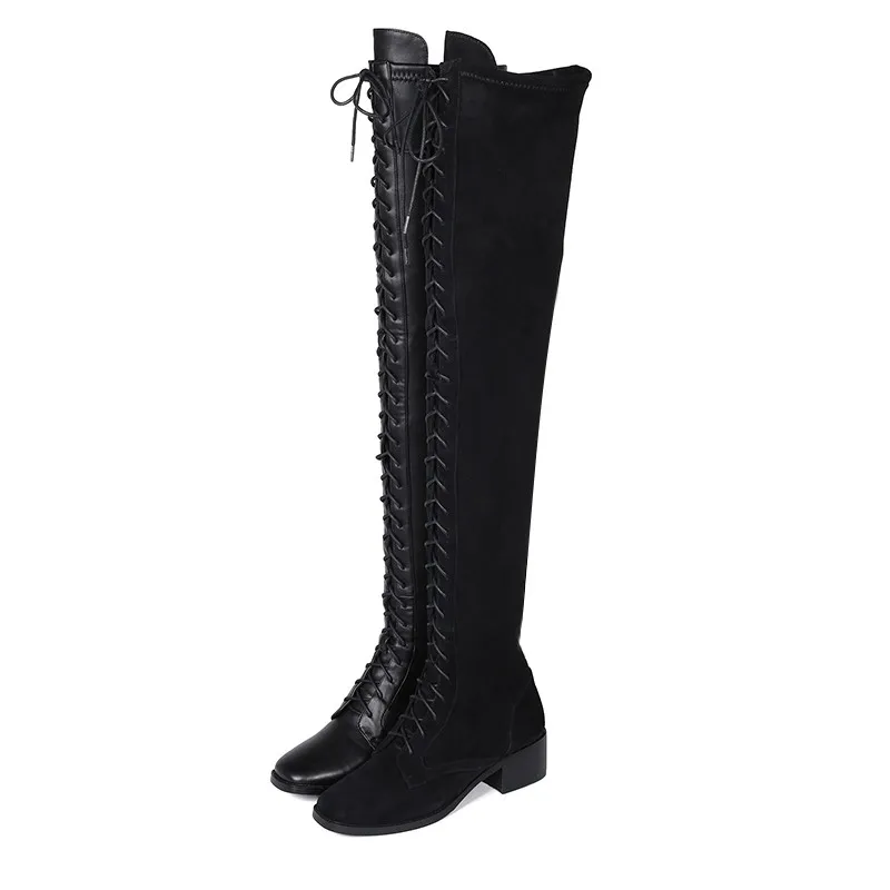 ASUMER new over the knee boots women square toe zip lladies boots cross tied mesh heels Motorcycle boots women big size