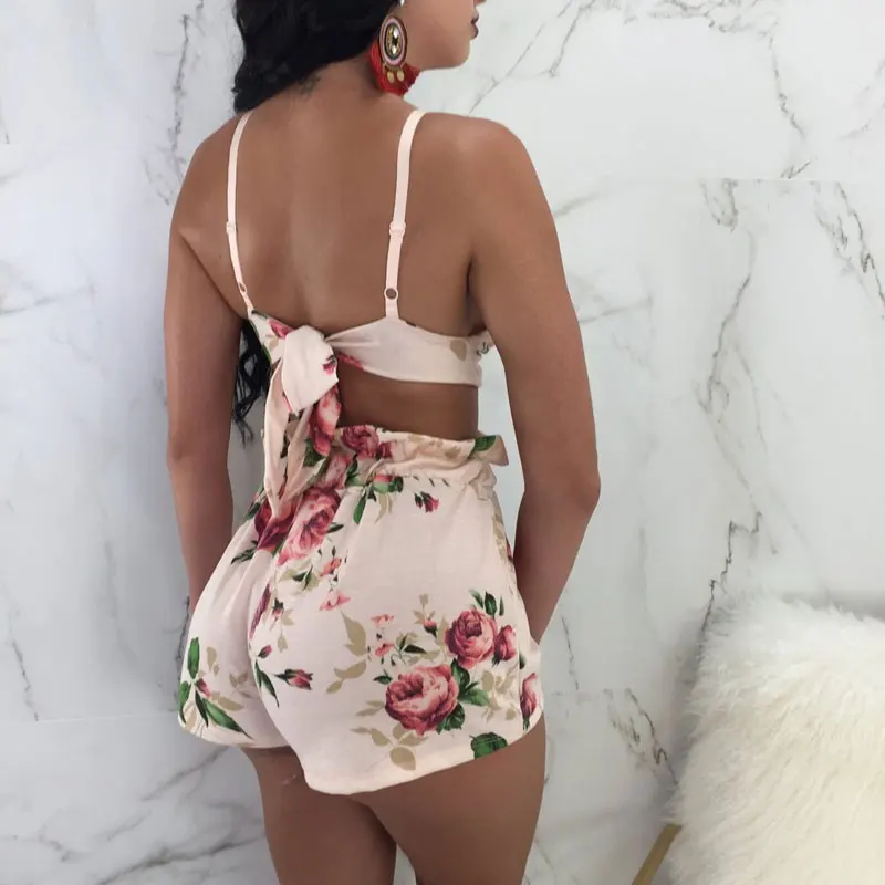 2018 Floral Printed Crop Top Set Suit Women Two Piece Summer 2 Sexy Outfit And Shorts Tracksuit | Женская одежда
