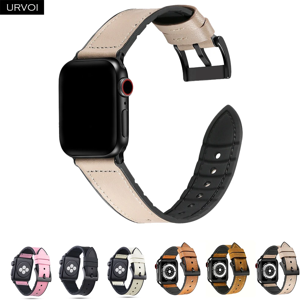 Ремешок URVOI для apple watch series 4 3 2 1 кожаный силиконовый ремешок iwatch дышащая черная