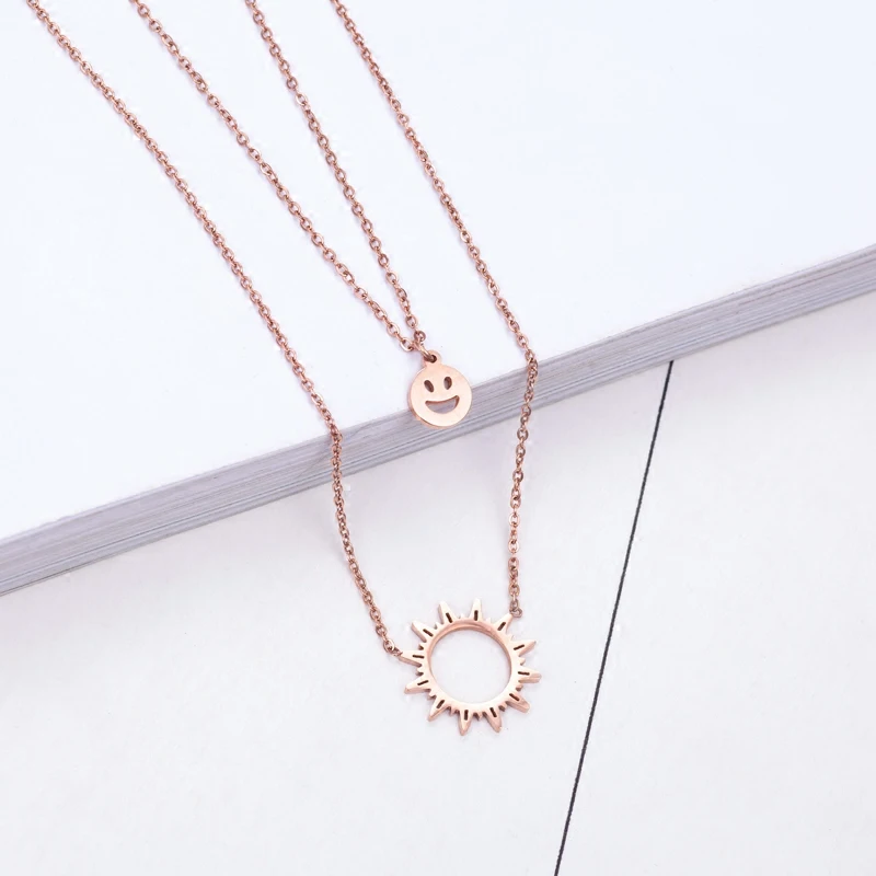

YUN RUO Fashion Brand Gold Silver Color Woman Jewelry Double Layer Sun Smile Pendant Necklace 316L Stainless Steel High Polish