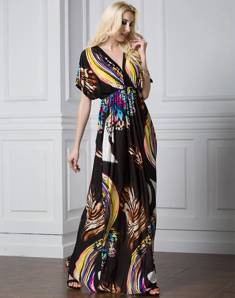 Женское платье в богемном стиле летнее с v образным вырезом коротким рукавом