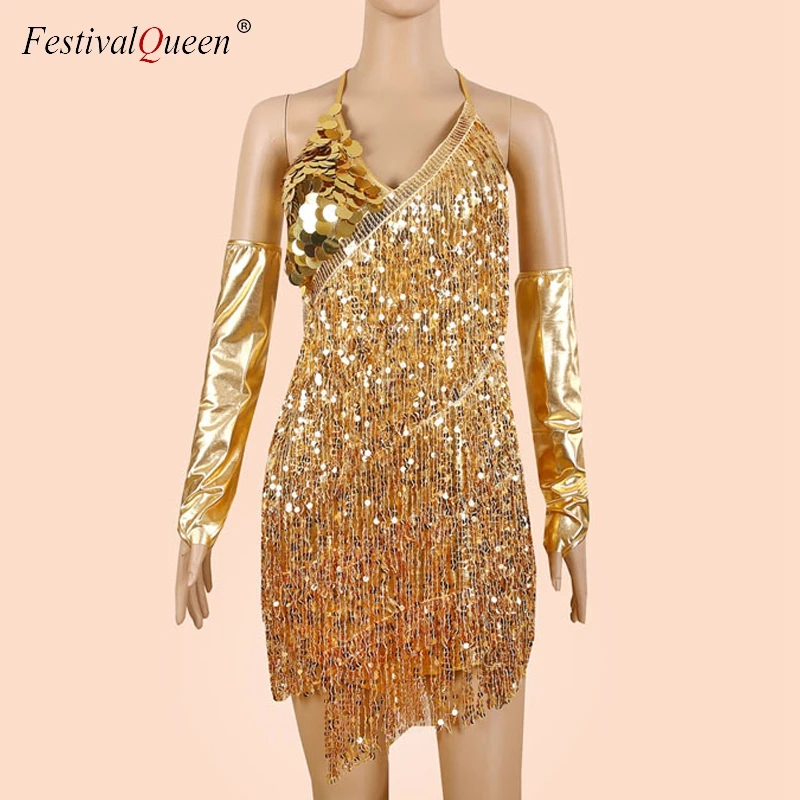 FestivalQueen блестящее мини-платье с лямкой на шее, блестящая бахрома, кисточка, золочение, сценическое платье с открытой спиной для латинских танцев для женщин