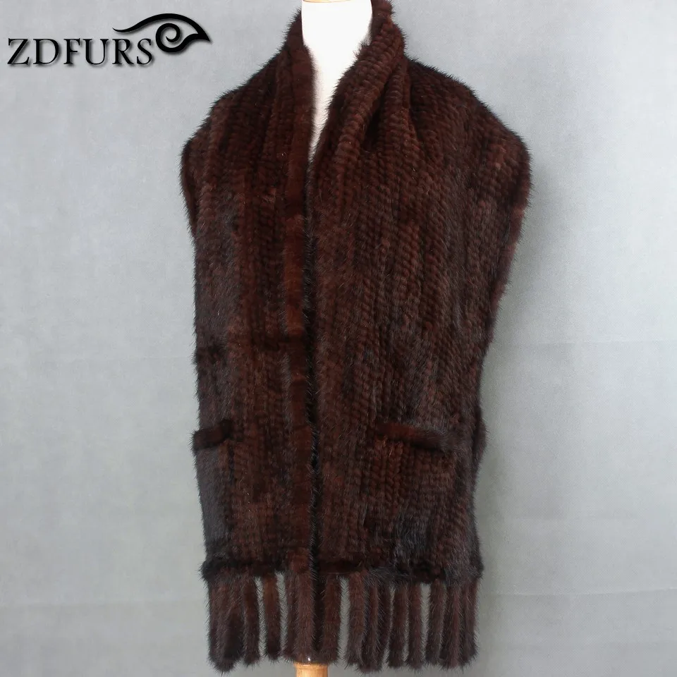 ZDFURS* Натуральная меховая шапка шаль с карманом и бахромой норковый меховой плащ норка трикотаж накидка с кисточками шарф - Цвет: coffee