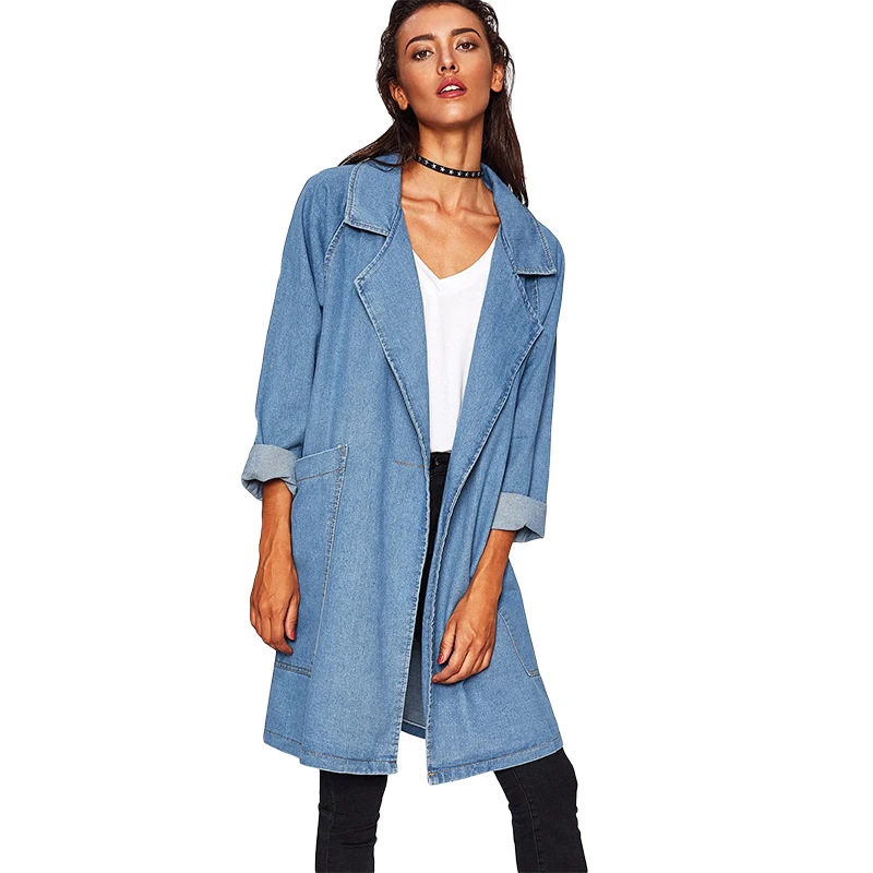 Женский джинсовый Тренч с большими карманами и отложным воротником 2019|denim trench