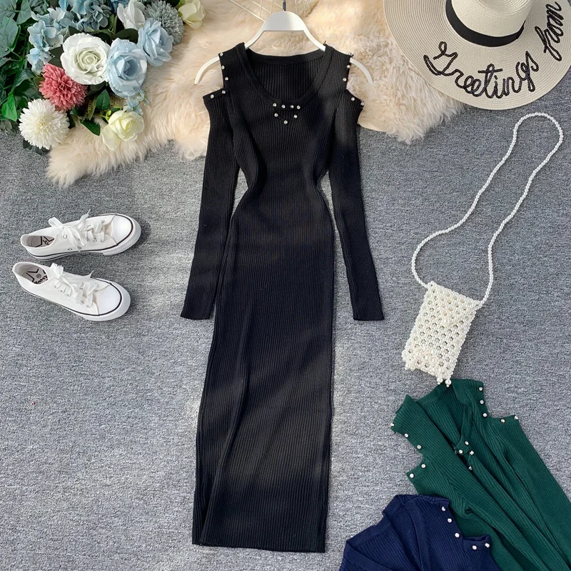 Женское трикотажное платье свитер с длинным рукавом V образным вырезом и