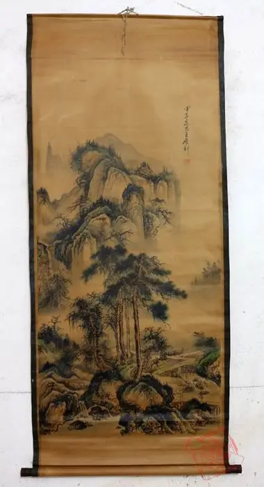 Редкая старая китайская живопись QingDyansty, сосна и мост, изысканный дизайн, ручная работа, древняя, бесплатная доставка Редкая старая китайская живопись QingDyansty, сосна и мост, изысканный дизайн, ручная работа, древняя, бесплатная доставка