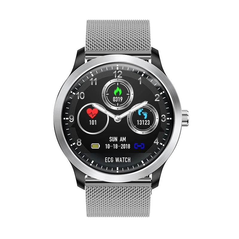 Silver steel strap RUNDOING N58 ЭКГ PPG умные часы с электрокардиографом экг дисплей, Холтер ЭКГ монитор сердечного ритма кровяное давление умные часы - Цвет: Silver steel strap