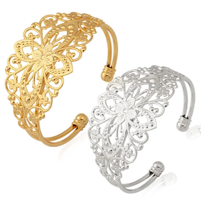 

Kpop Vintage Blossom Flowers Gold/Silver Color Cuff Bracelets High Quality Bangles Gift For Women H5156