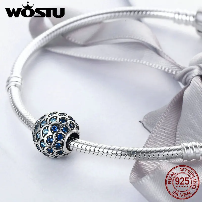 WOSTU настоящая 925 пробы Серебряная Дочь моря синие Бусины CZ подходят к