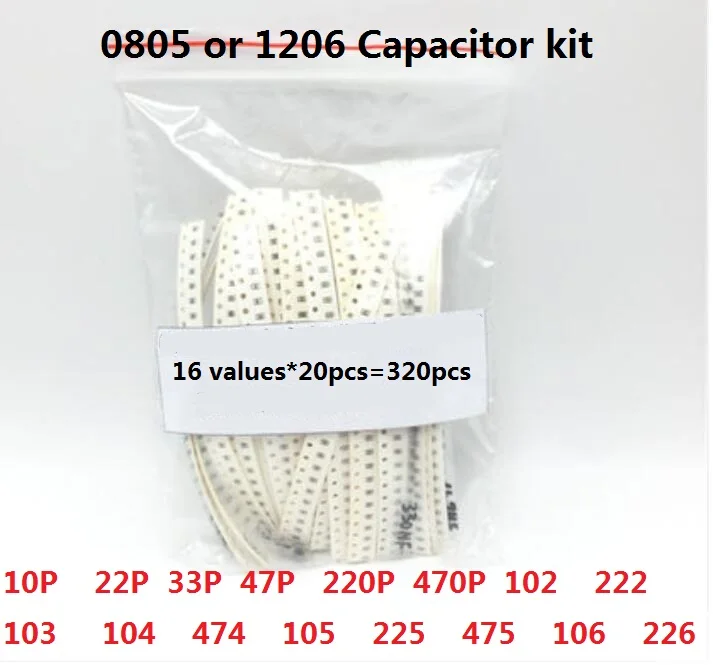 

16 values*20pcs=320pcs 1206 0805 SMD Capacitor Assorted Kit 10PF~22UF Samples Kit 22P 33P 47P 220P 470P 102 104 225 475 106 226