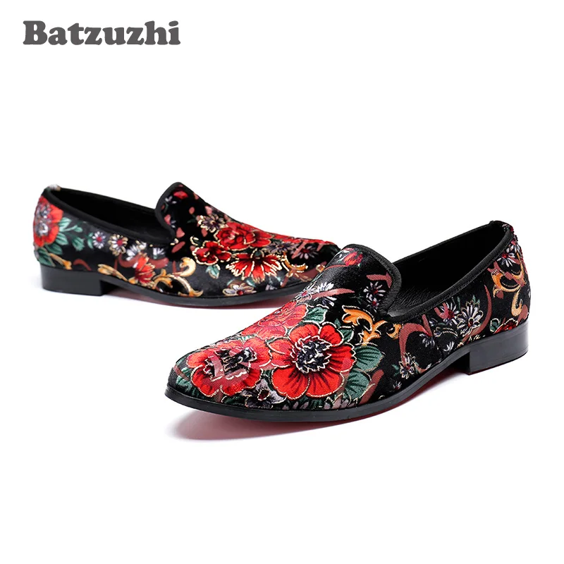 Batzuzhi Handmade Men Shoes Fashion Genuine Leather Loafers Print Flowers chaussure homme Party Casual Leather Shoes Men, Big 46