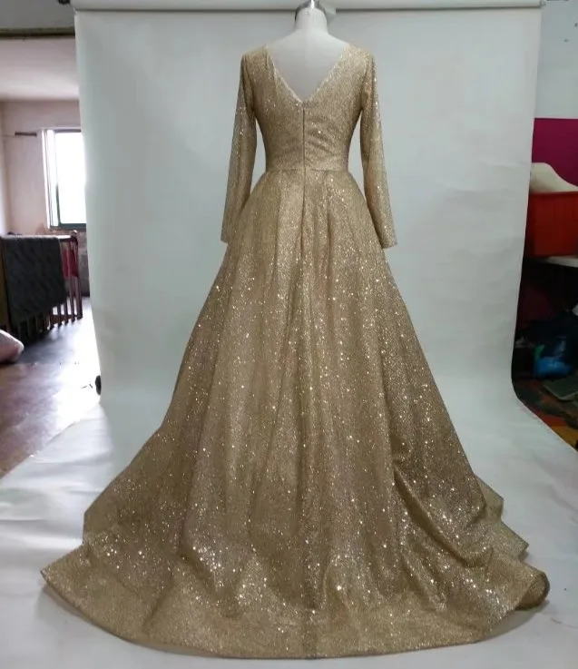 gold CloverBridal Высокое качество Новые мода Bling с длинным рукавом золотое свадебное платье сексуальный глубокий V образным вырезом со шлейфом - Цвет: gold