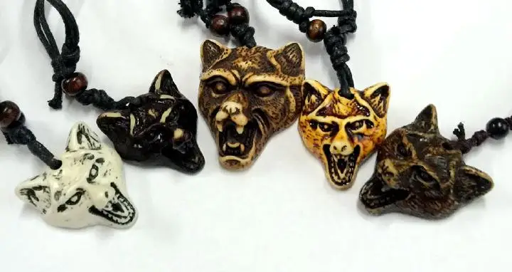5 ожерелье племенная имитация резная голова Волка на черном вощеном шнуре из