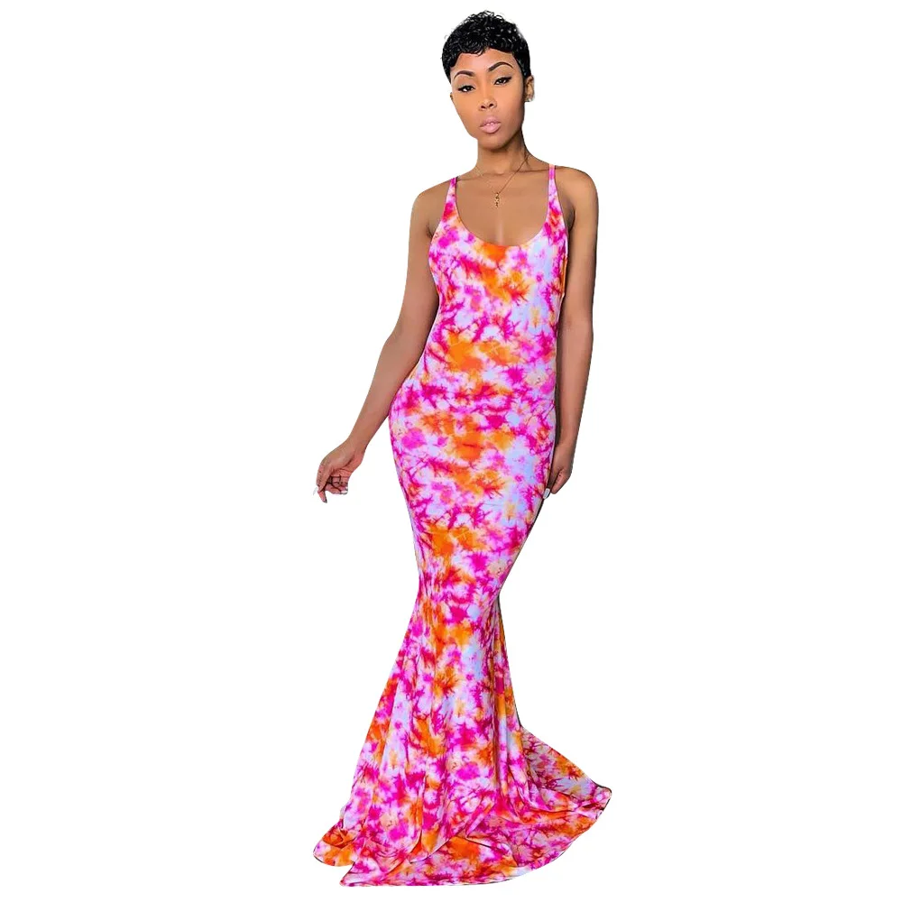 Red Tie Dye Print Sexy длинное платье в стиле "Русалка" для женщин Спагетти ремень спинки в пол платье Лето O образным вырезом без рукавов богемное платье - Цвет: Red