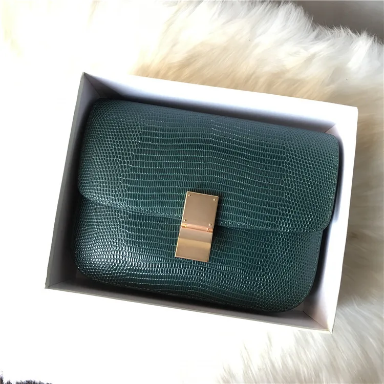 blackish green large Сумки из натуральной кожи для женщин ящерица в полоску коробка на одно плечо косой через маленькие квадратные пакеты - Цвет: blackish green large