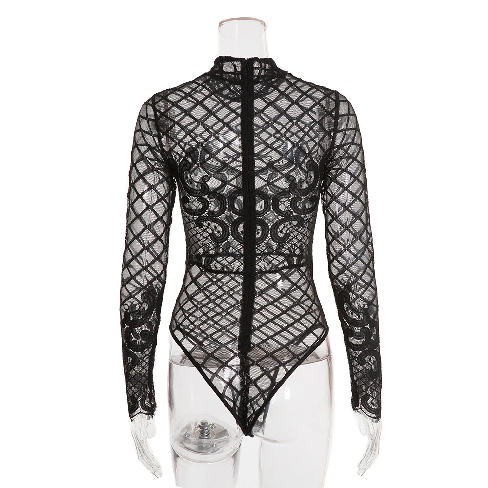 SSWILD LADY женское прозрачное черное боди с длинным рукавом прозрачное сексуальное Сетчатое клетчатое прозрачное Тедди Эротическое нижнее белье-комбинезон 5218