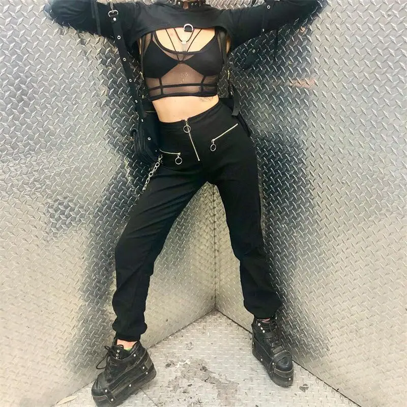 

Streetwear Zipper Harem Pants Women 2021 Gothic Harajuku High Waist Pants Casual Joggers Punk Black With Chain Trousers Female