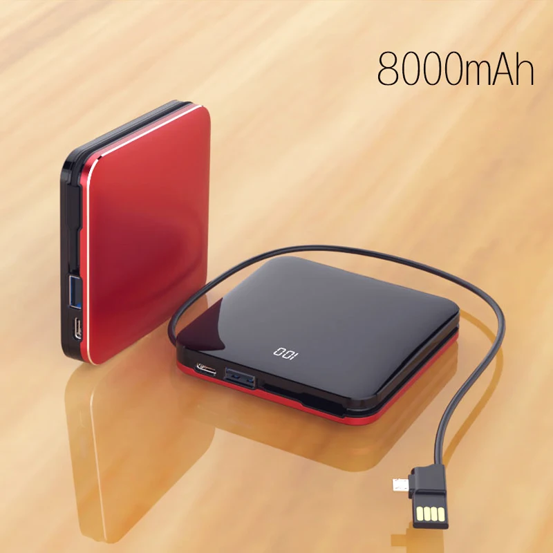 

Portable 8000mAh Mini Power Bank Thin Mirror Screen 2.1A Fast Charging Built-in Line Dual USB Charger Powerbank For Smart Phones