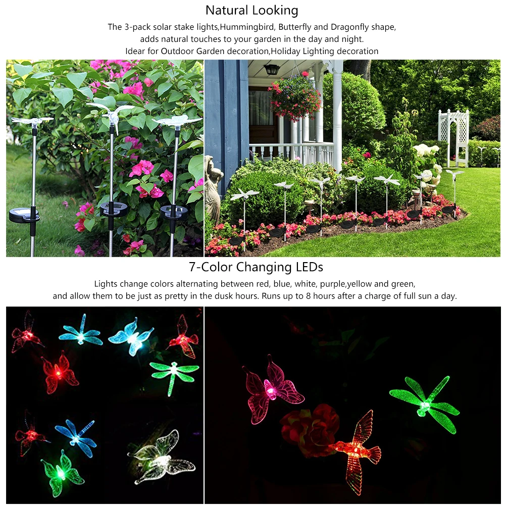 3 шт. в упаковке многоцветная Солнечная лампа прозрачная Колибри бабочка и