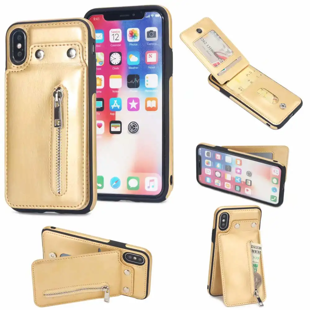 Сумка для телефона на молнии, Вертикальный флип-чехол для iphone XS Max X XR 7 8 6 6S Plus, чехол, кожаный держатель для карт, кошелек для iphone XS Max - Цвет: Gold
