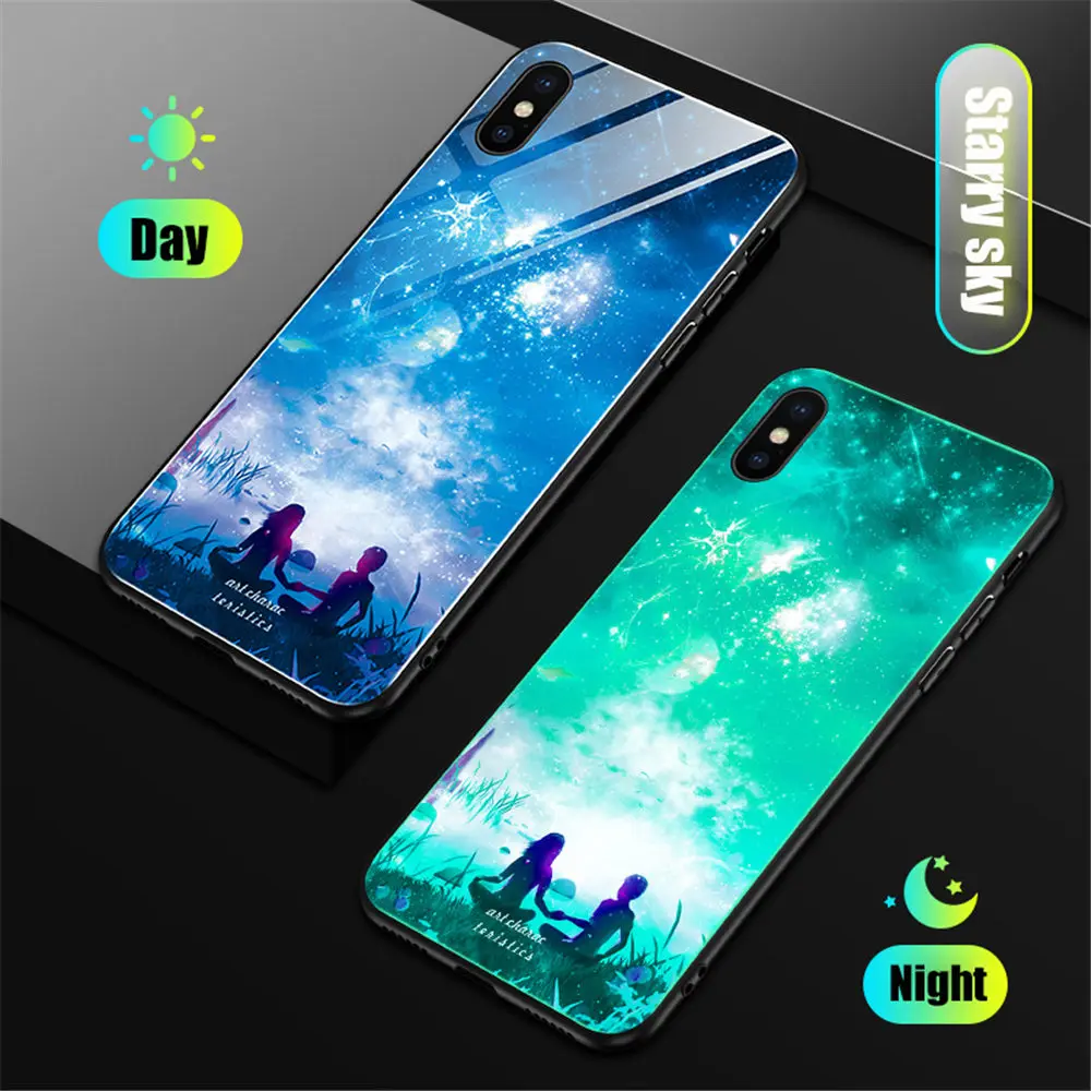 Светящийся чехол из закаленного стекла для iPhone X XS MAX XR силиконовый чехол для телефона для iPhone 7 8 Plus чехол s для iPhone 6 S 6 S Чехол - Цвет: B-Space Sky