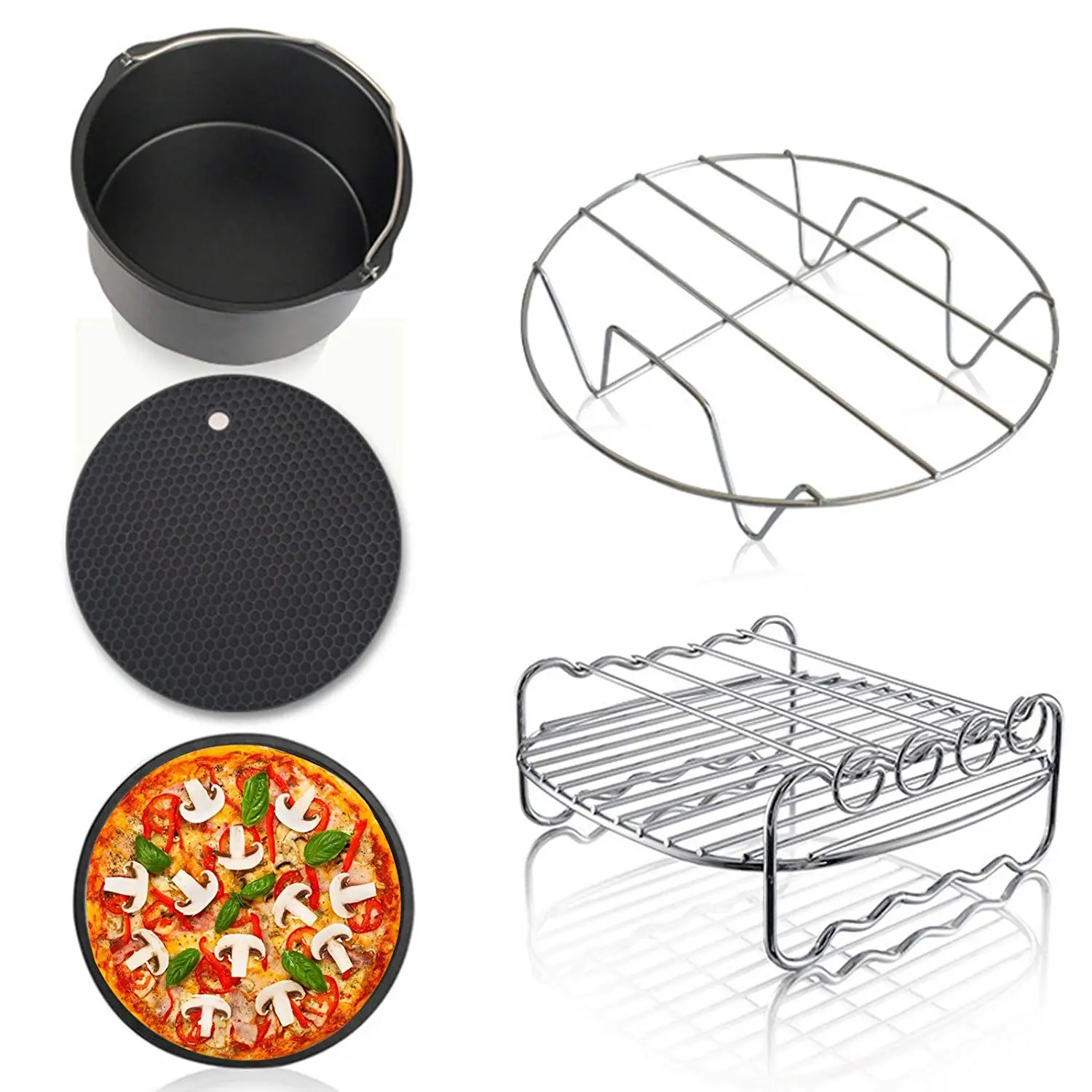 

Air Fryer Accessories Deep Fryers Universal including Fryer basket,baking pizza pan,grill pan,pan support, pad by Hierkryst
