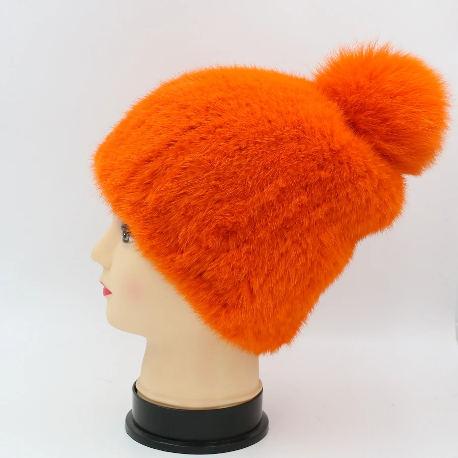 Women winter fur hat 100% real mink fur hat with big fox fur pompom