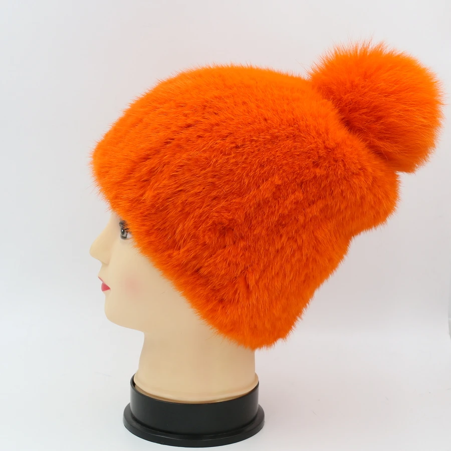 

Women winter fur hat 100% real mink fur hat with big fox fur pompom