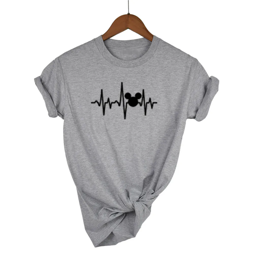 Light grey black Футболка размера плюс футболка микки женские футболки летние топы Графические футболки женские Микки Маус сердцебиение Kawaii футболка XS-XL - Цвет: Light grey black
