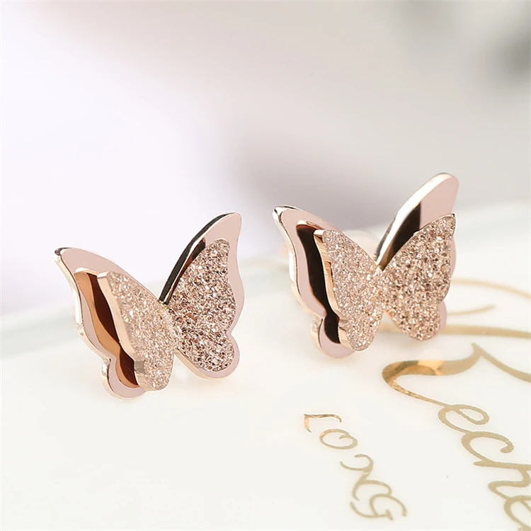 Knock Stainless Steel Earrings For Women Child Rose Gold Color Frosted Double Butterfly Studs Best Jewelry | Украшения и