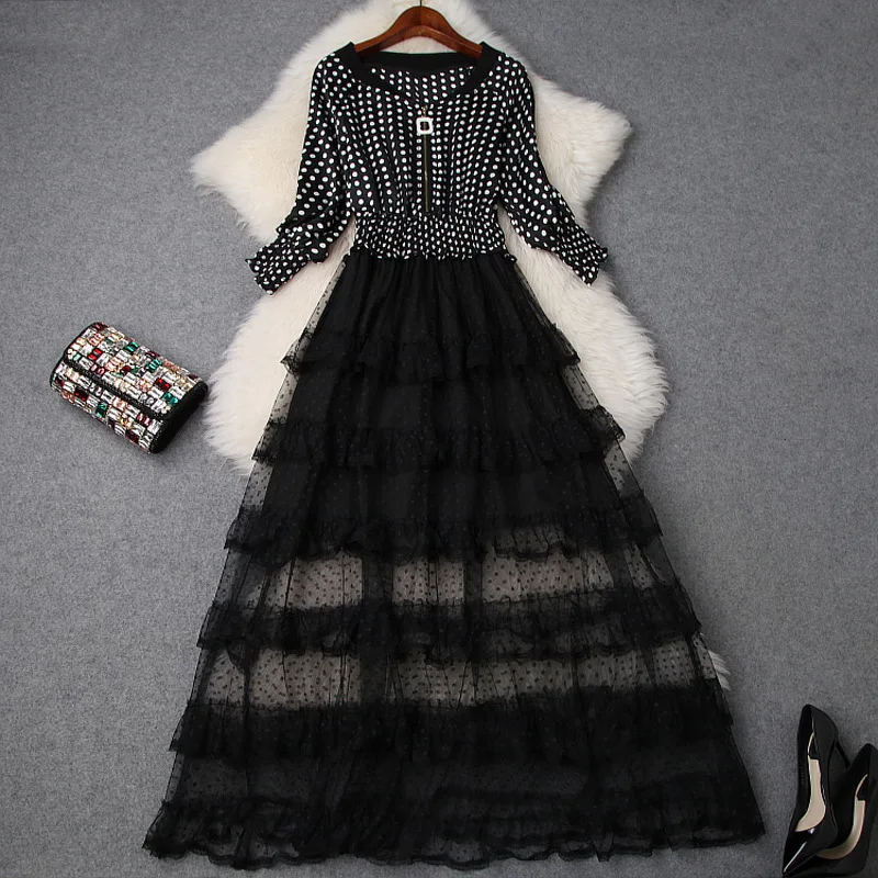 

Dress Women Spring Summer New Slash Neck Polka Dot Patchwork Slash Neck Lantern Sleeved Elastic Waist Slim Cake Dress Long