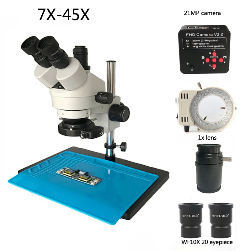 Simul-Focal трехмерный стерео микроскоп 7-45X/3.5-90X+ 2 K 21MP HDMI USB цифровой микроскоп с камерой+ 56 светодиодных кольцевых ламп