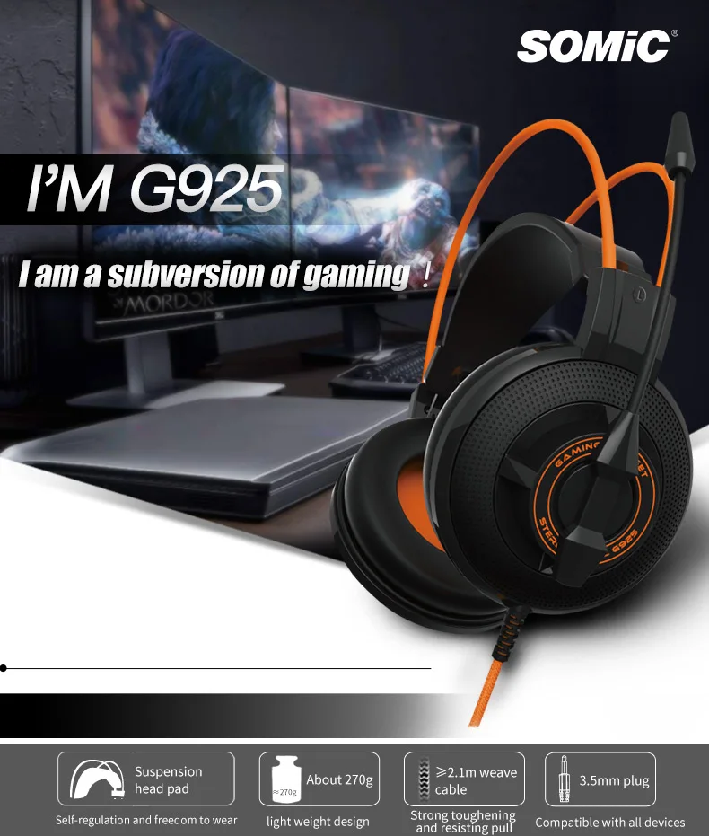 SOMiC G925 проводные наушники 3,5 мм, игровая гарнитура для ПК, ноутбука, телефона, Накладные наушники с микрофоном, наушники для компьютера