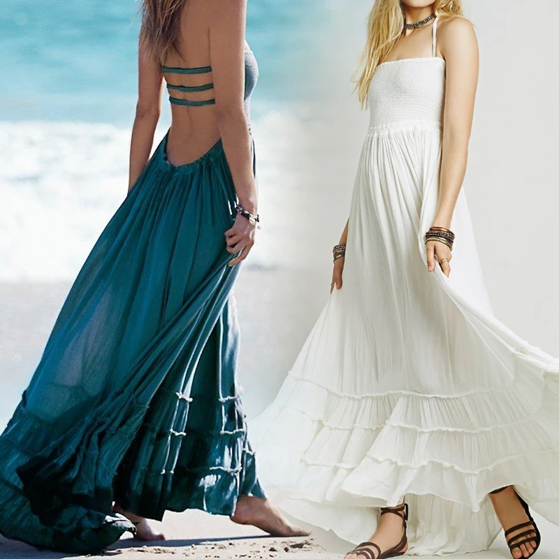 Женское винтажное платье макси на бретелях Boho длинное однотонное вечернее с