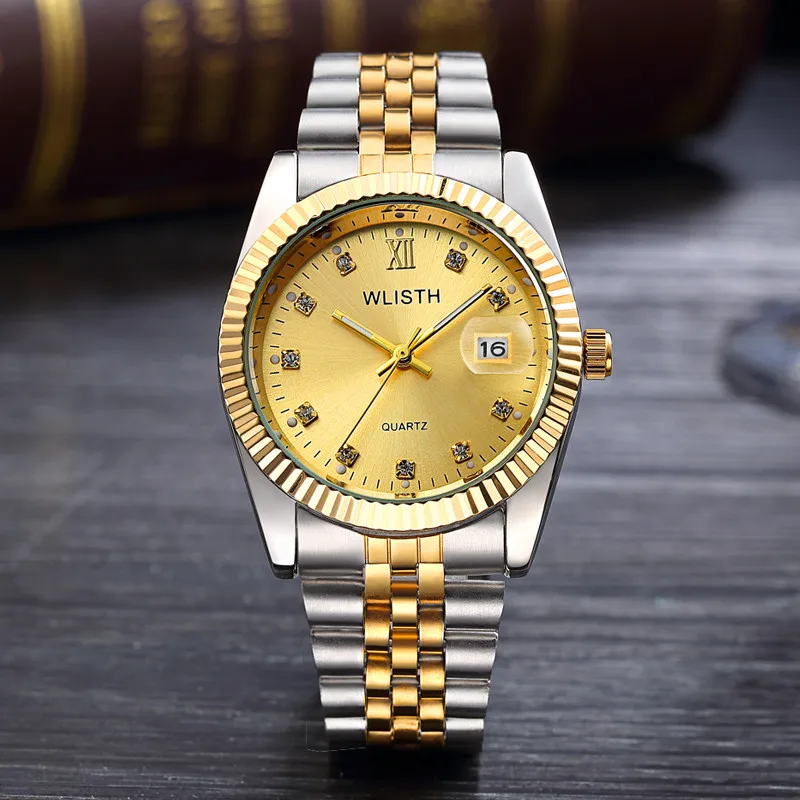 Reloj Hombre, мужские наручные часы, мужские часы, Топ бренд, роскошные женские часы, часы с бриллиантами, Автоматическая Дата, Saat Relogio Masculino - Цвет: men two tone gold