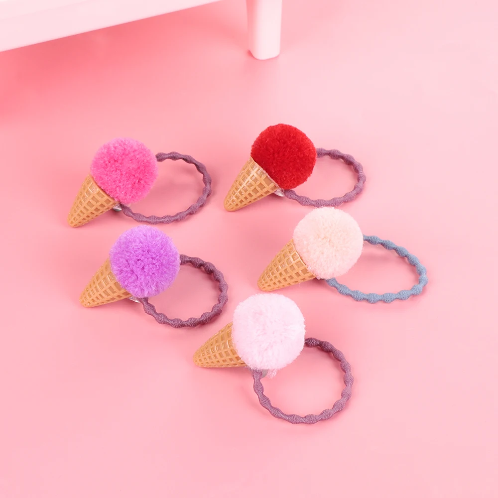 Fashion Kids Ice Cream Fluffy Pompom Girls Hair Ties Seamless Elastic Band Faux Fur Ponytail Holder Rope Headwear | Детская одежда и