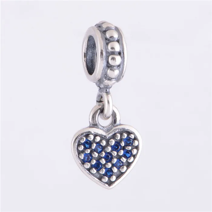 

S925 Sterling Silver Blue Pave Heart Dangle Bead with Zirconia Fit Original Pandora Charms Bracelet jewelry LW173D