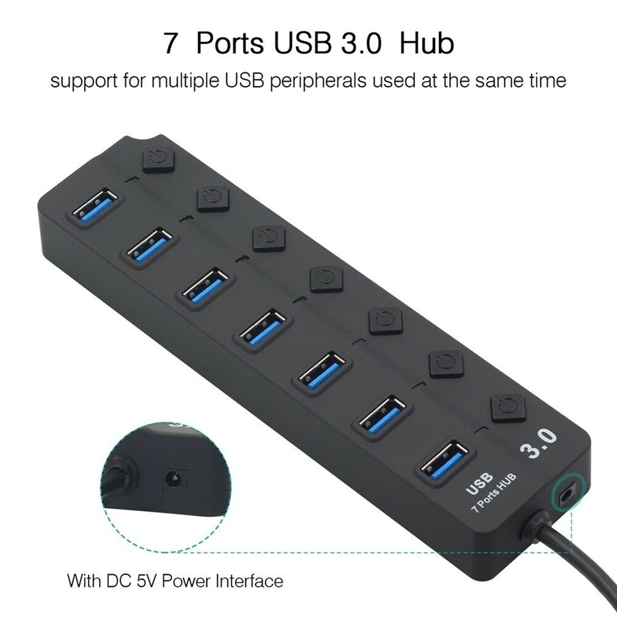 7-Port USB 3.0 Hub Splitter Compact 5Gbps High Speed On/Off Switches Power Adapter for PC Laptop |
