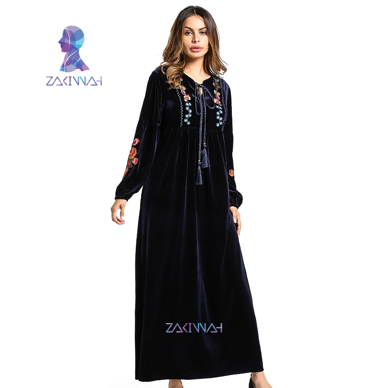 Модное женское платье с бархатной вышивкой зимнее Макси-платье Abaya длинное для