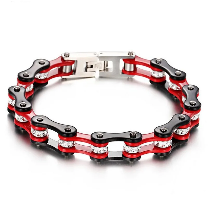 

Punk Rock Men Women Crystal Rhinestone Bike Bracelet Stainless Steel Red Blue Biker Motorcycle Chain Bracelet Bangle Jewelry